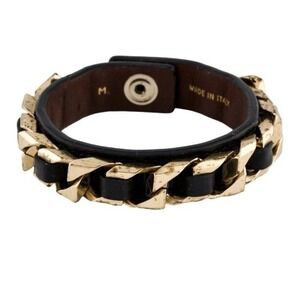 Givenchy Gold Tone Chain Link Black Leather Wrap Snap Bracelet Sz M 
Italy